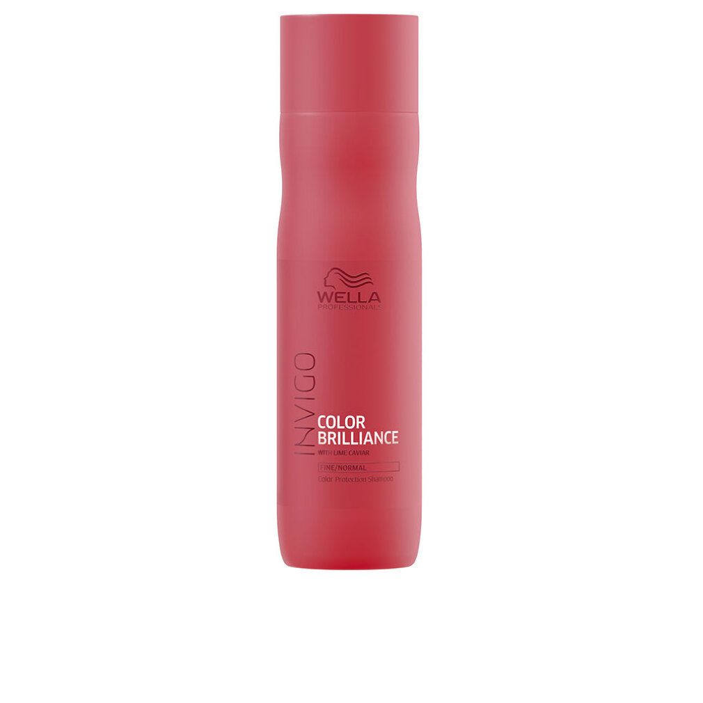Flacone di shampoo rosso. Scritta: Wella Invigo Color Brilliance. Scritta verticale: Invigo. Logo: Wella. Per capelli fini.