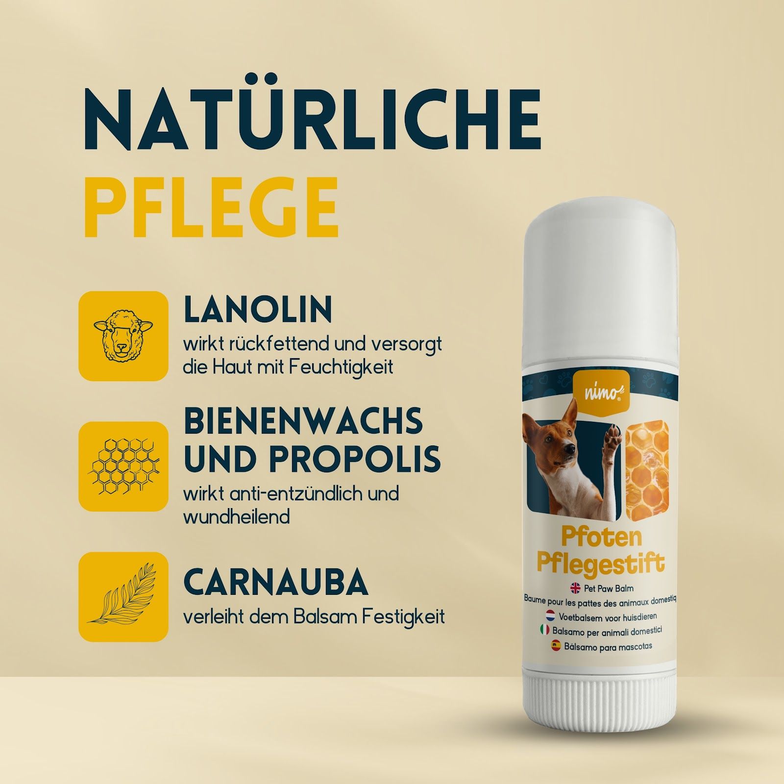 Stick per la cura delle zampe bianco con testo: Cura naturale. Lanolina, cera d'api e propoli, Carnauba.