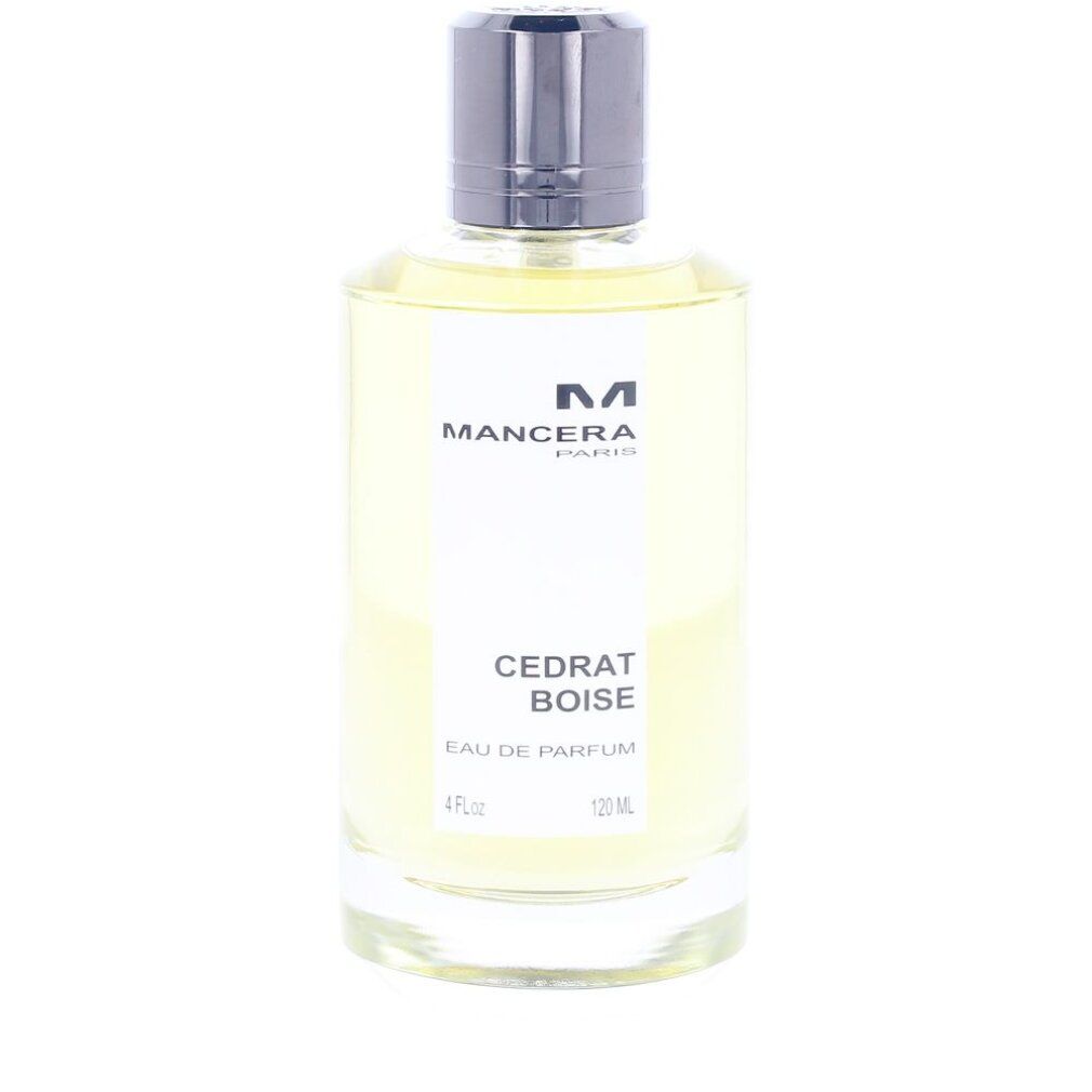 Flacone di profumo. Scritta: Mancera, Cedrat Boise, Eau de Parfum. Tappo nero, flacone trasparente.