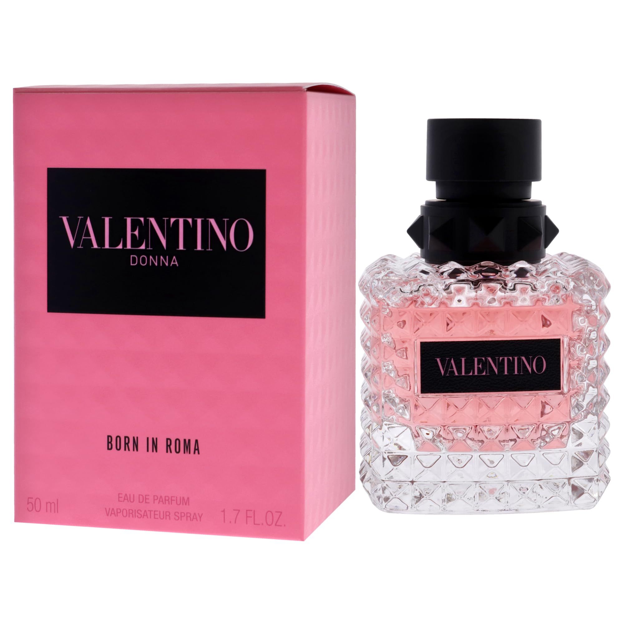 Valentino Born In Roma Eau De Parfum da donna. Confezione e flacone rosa. Tappo nero. Flacone trasparente con liquido rosa.