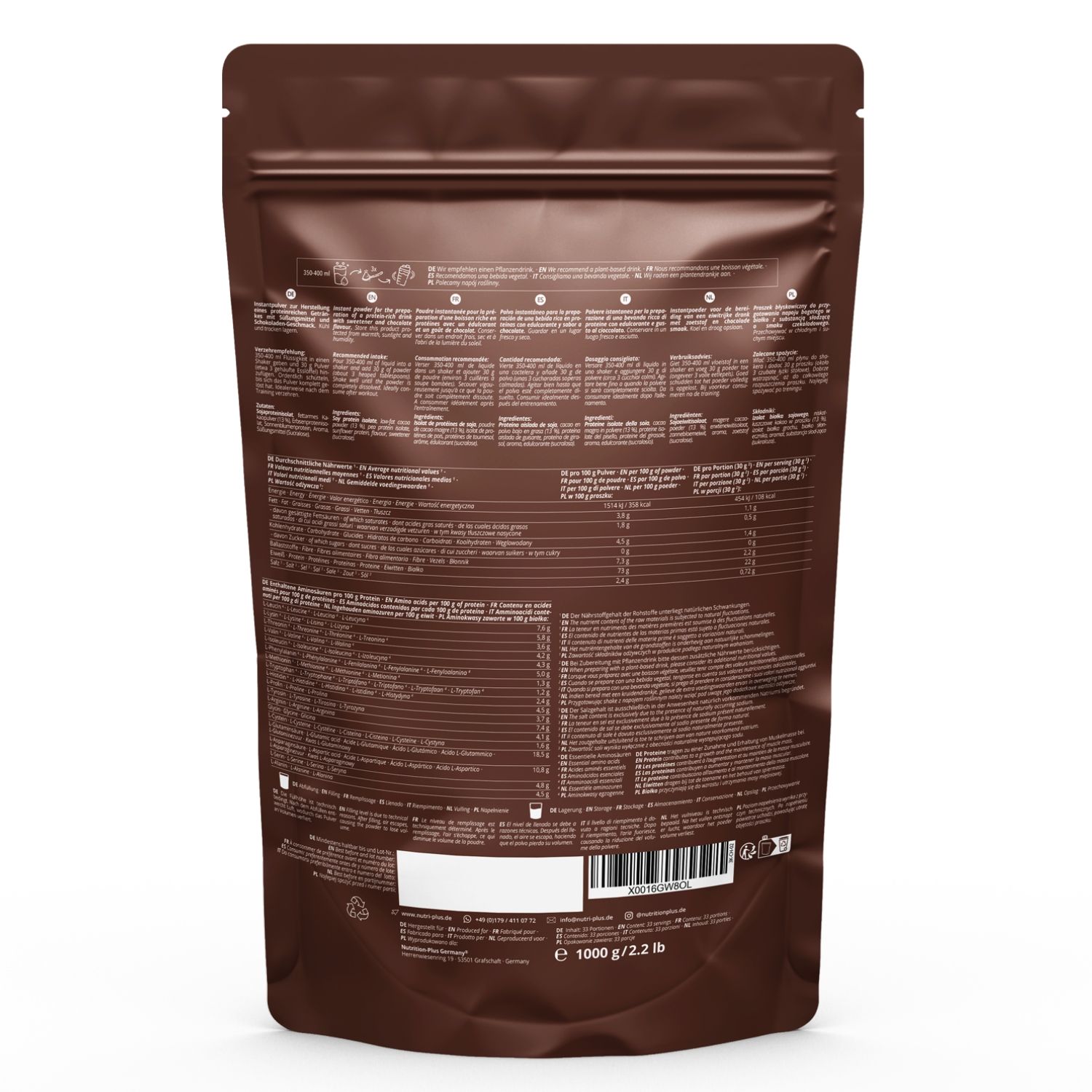 Retro di un sacchetto marrone di proteine vegane 3k. Testo: informazioni nutrizionali, ingredienti, informazioni sul produttore, codice a barre. Peso: 1000 g / 2,2 lb.