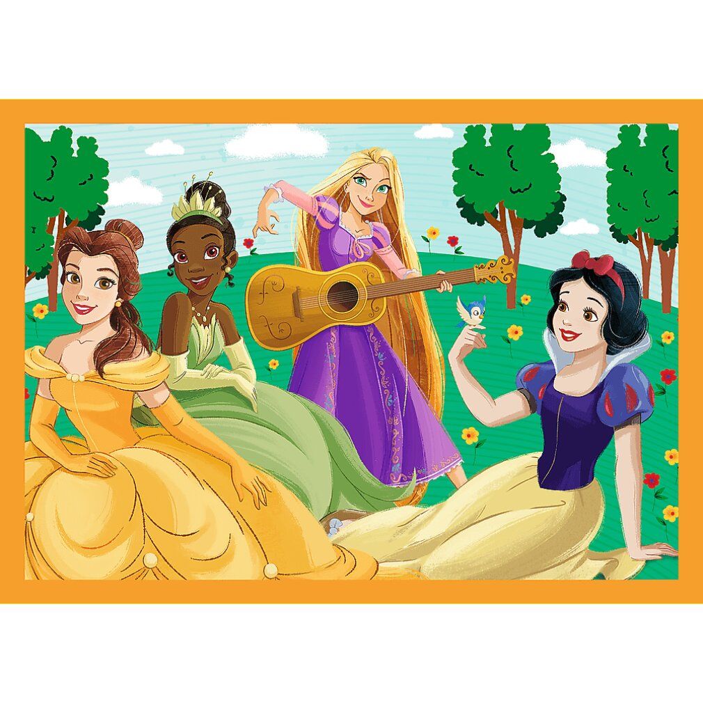 Puzzle con quattro principesse Disney. Belle, Tiana, Rapunzel e Biancaneve. Sfondo: prato, alberi e una chitarra.