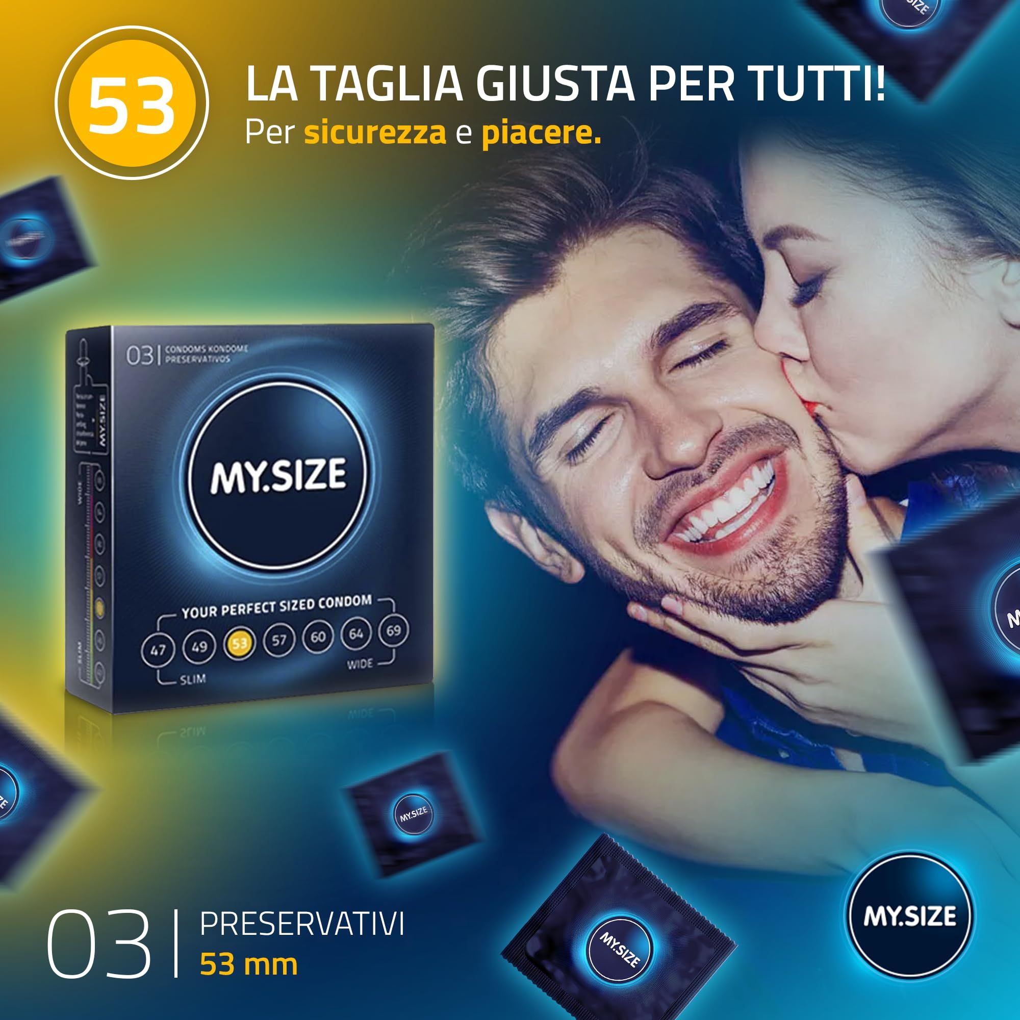 Confezione preservativi MY.SIZE 53, taglie 47-69. Enfasi sulla taglia 53.