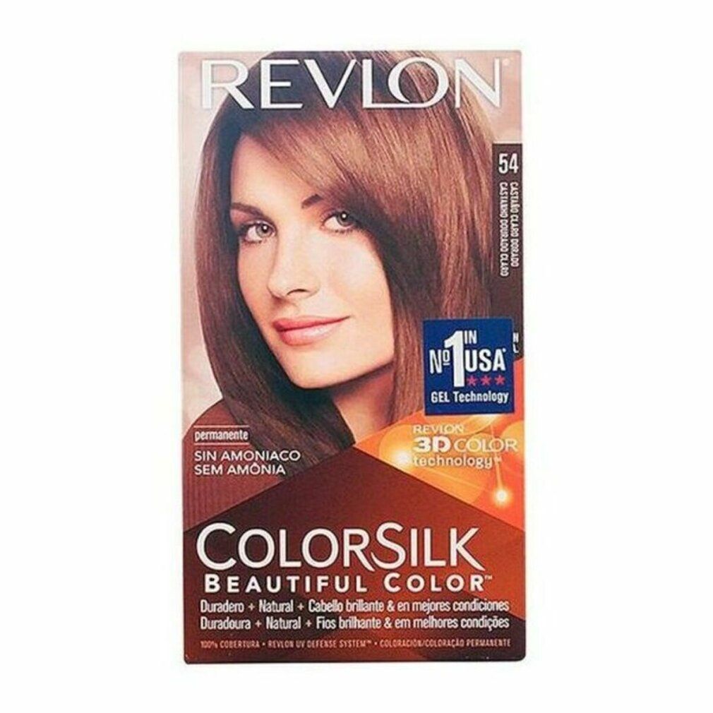 Revlon Colorsilk 54 Light Golden Brown. Confezione con donna con capelli castano chiaro. Testo: Senza ammoniaca, 3D Color Technology.