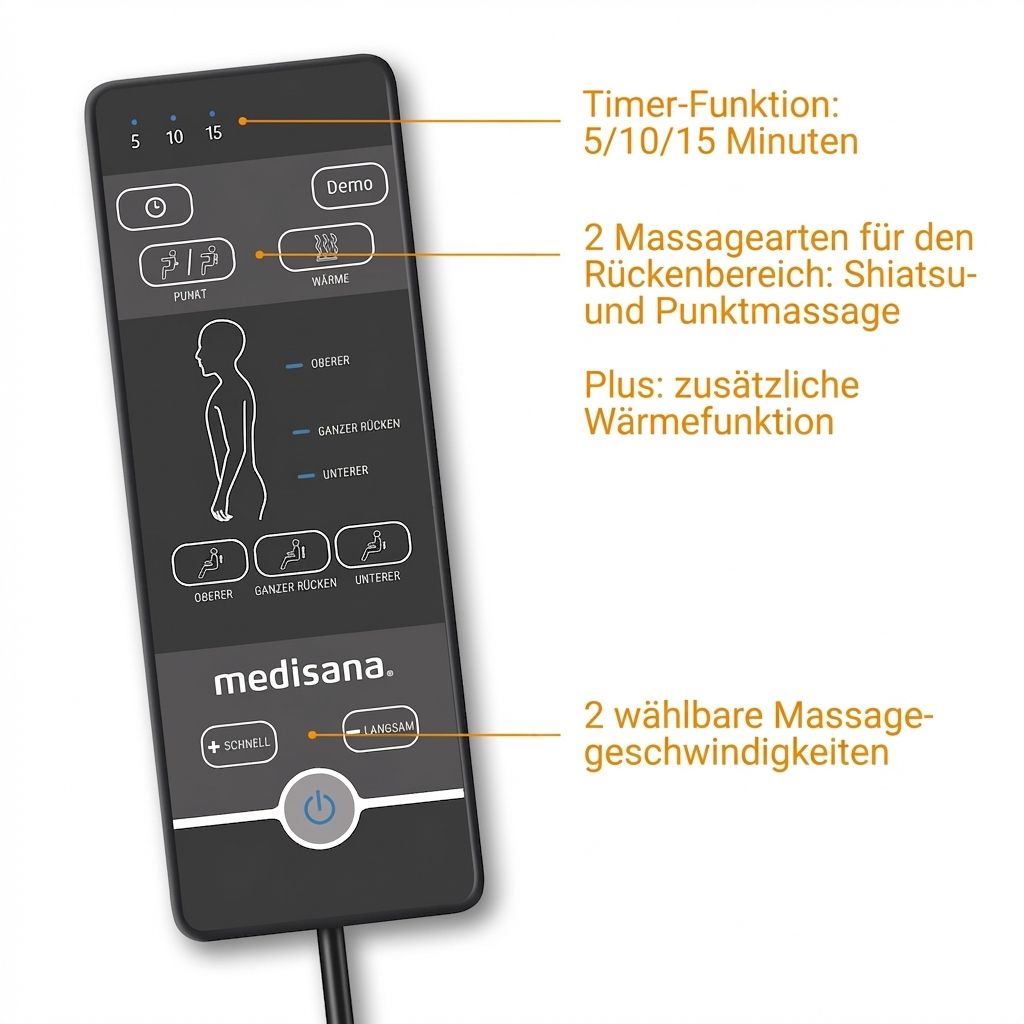 Telecomando per poltrona massaggiante con timer, tipi di massaggio e opzioni di velocità.
