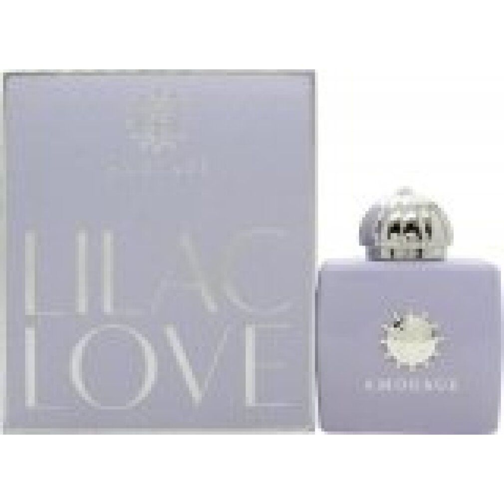 Profumo e scatola lilla. Scritta LILAC LOVE e AMOUAGE.