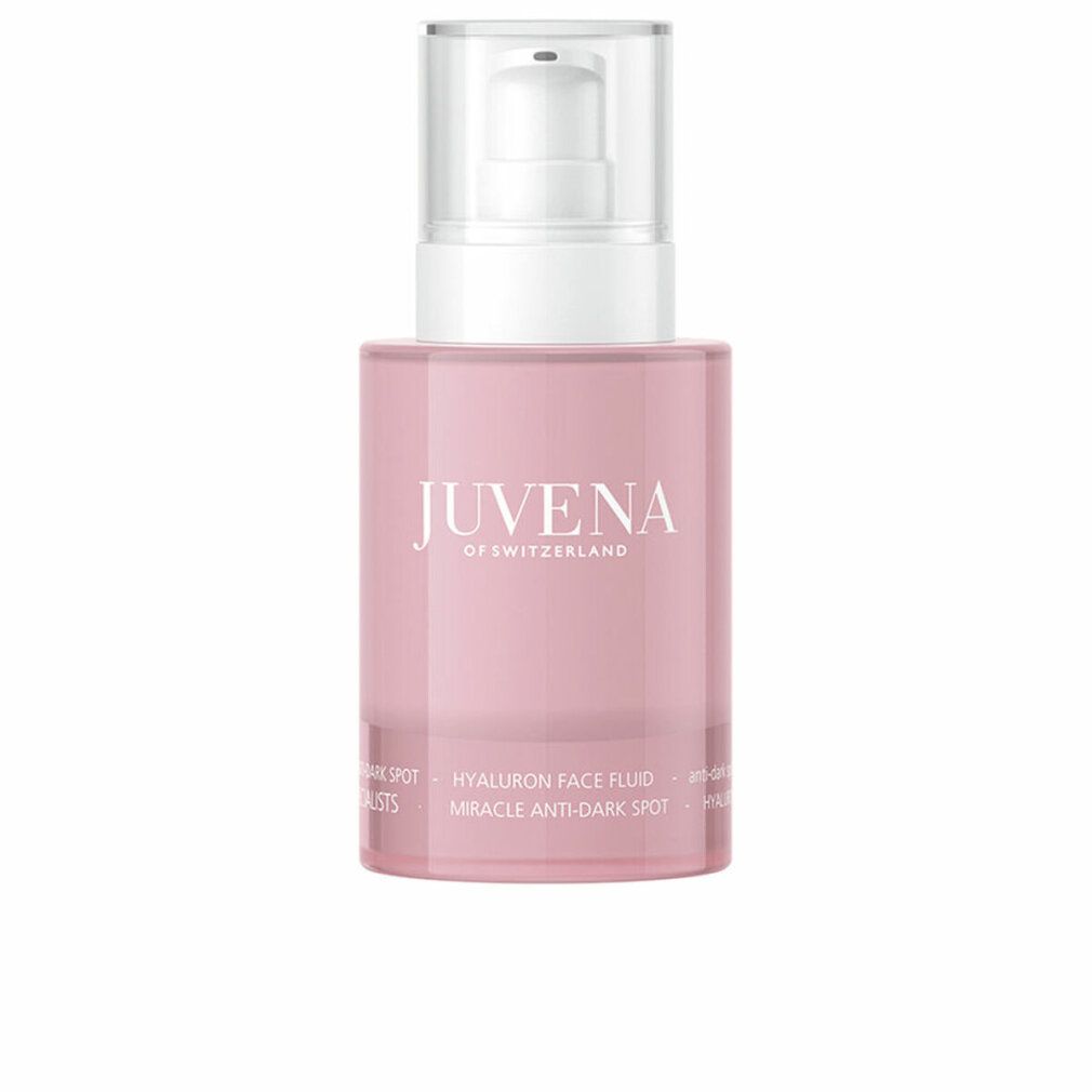 Flacone rosa con erogatore bianco. Scritta: Juvena of Switzerland, Hyaluron Face Fluid, Miracle Anti-Dark Spot.