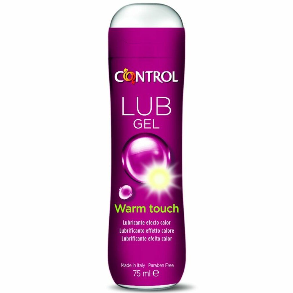 Flacone cilindrico "CONTROL LUB GEL". Testo: "Warm touch". Colore: viola. Tappo bianco. 75 ml.