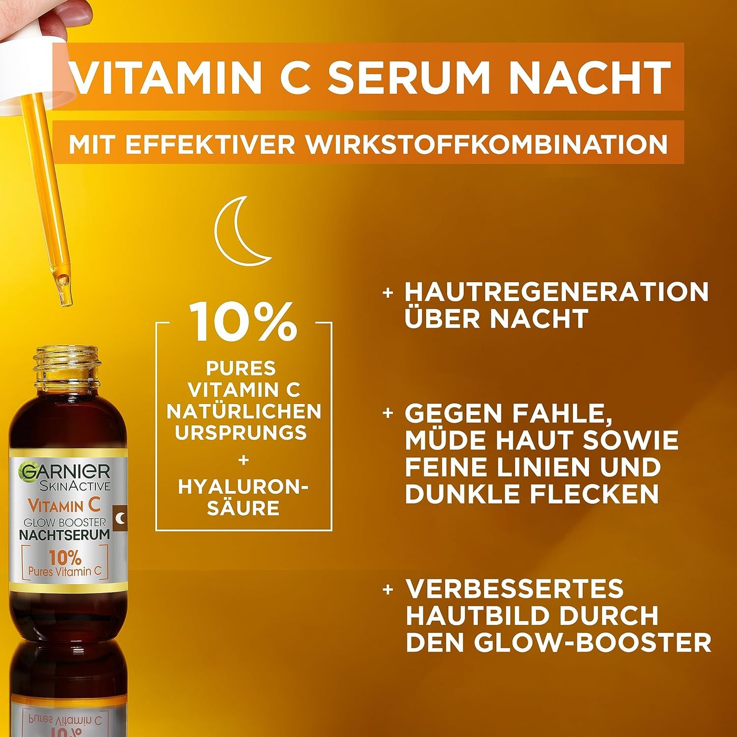 Flacone di siero con applicatore. Testo: Siero vitamina C notte. 10% vitamina C pura. Garnier SkinActive.