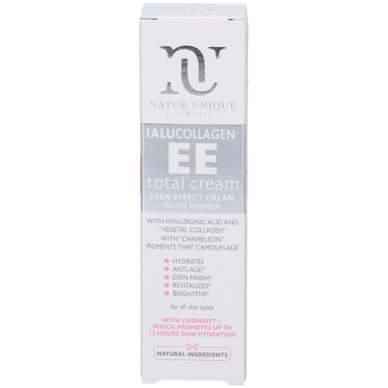 Confezione del prodotto. Scritta: Ialucollagen EE total cream. Con acido ialuronico e collagene vegetale. Per tutti i tipi di pelle.