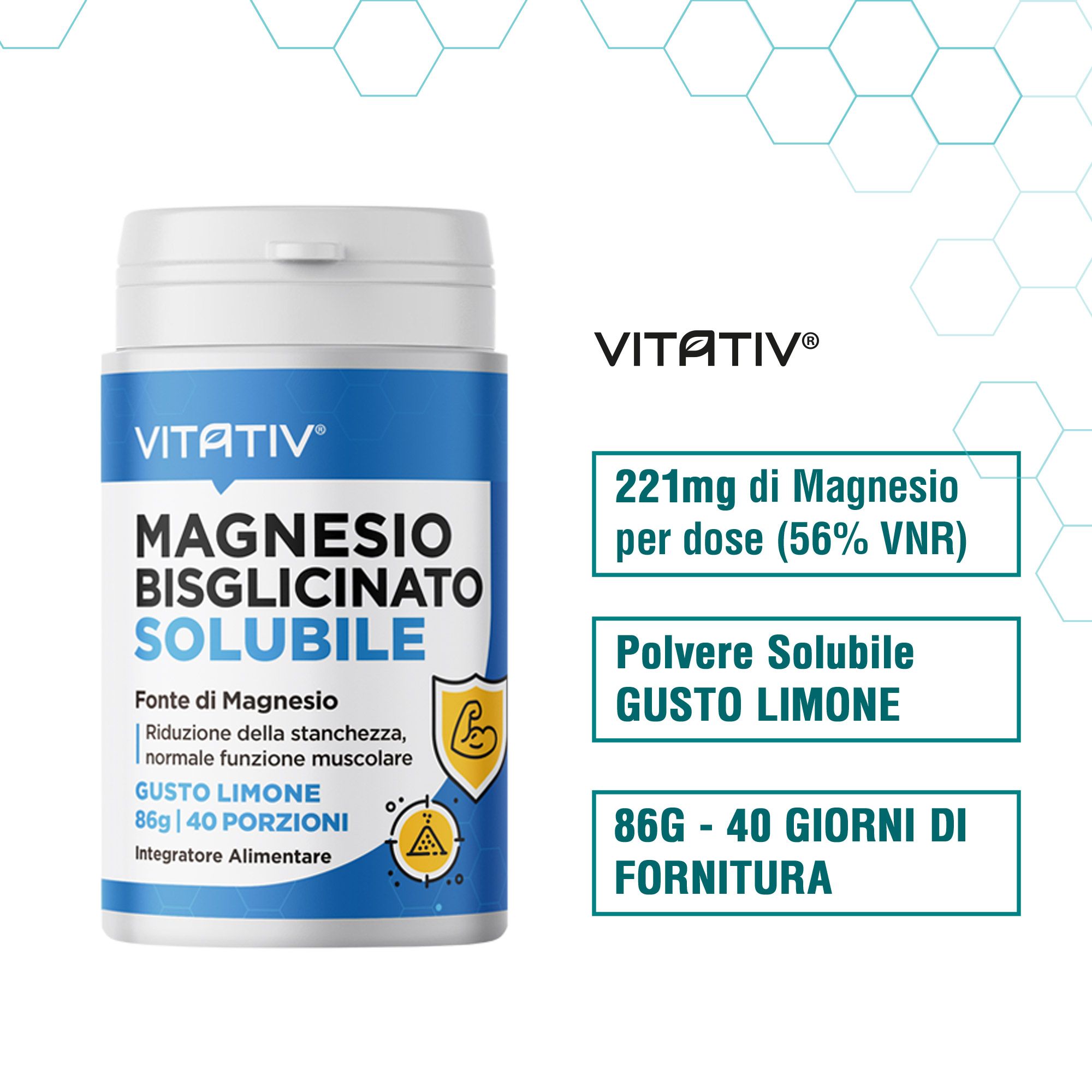Vitativ Magnesio Bisglicinato polvere solubile, gusto limone. 86g, 40 porzioni.
