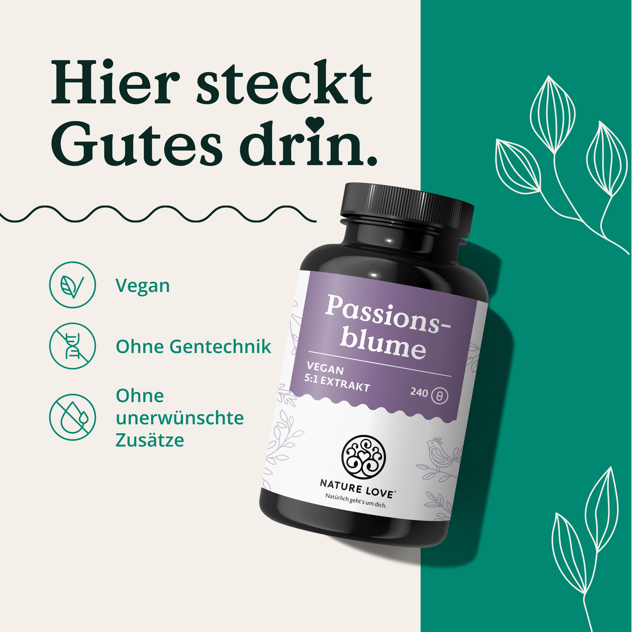 Flacone di capsule di estratto di passiflora, con sigilli Vegan e senza OGM.