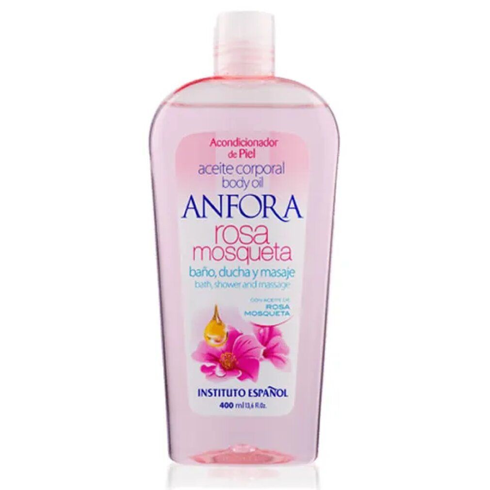 Olio corpo Anfora Rosa Mosqueta di Instituto Español. Flacone trasparente con etichetta rosa. Testo: Aceite corporal, baño ducha y masaje.