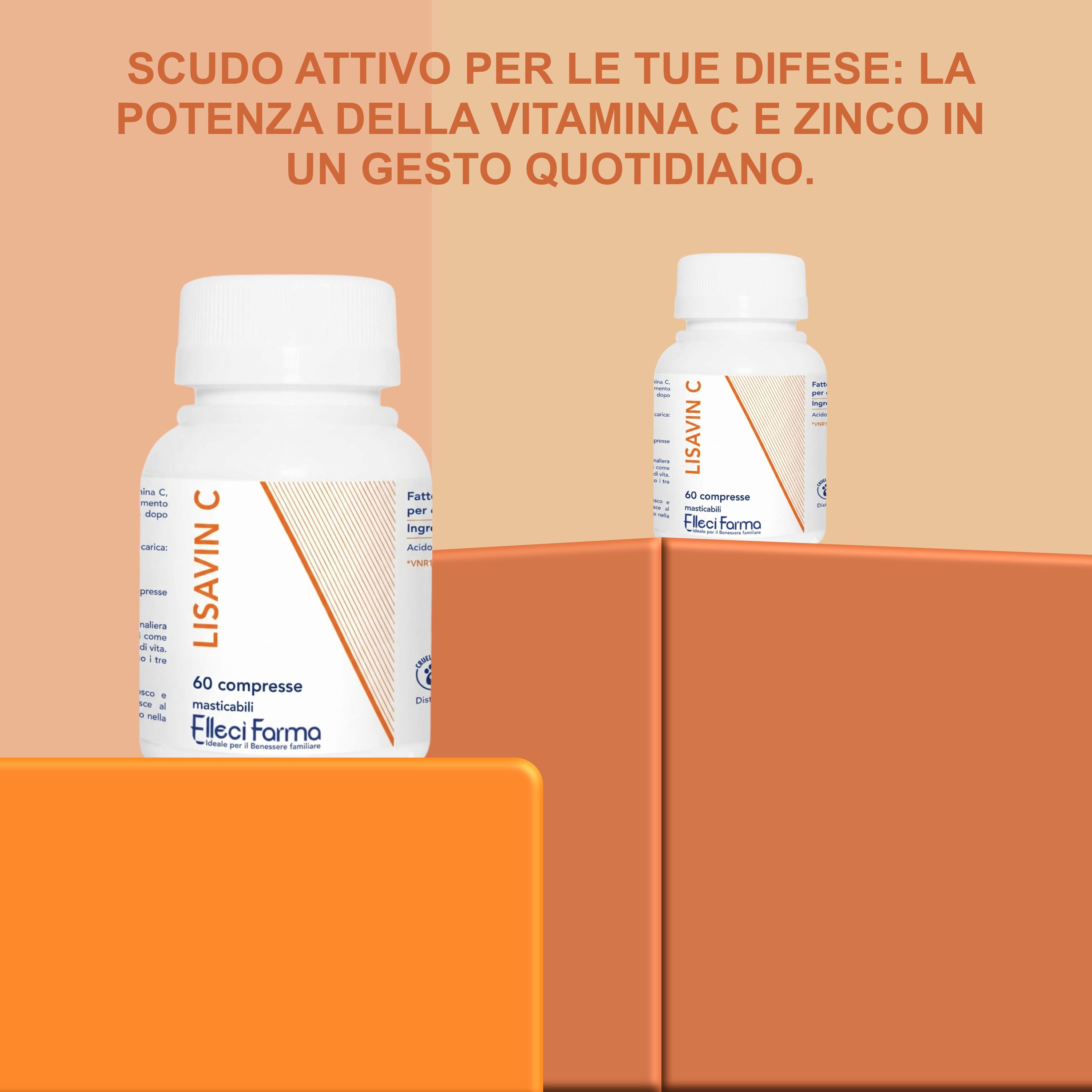 Due flaconi bianchi con tappo a vite. Nome del prodotto e informazioni sulle etichette. Su sfondo arancione.