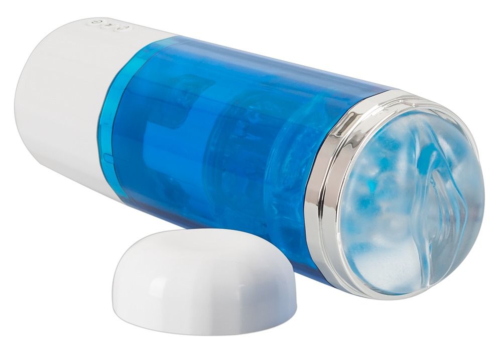 Masturbatore con corpo blu, manico bianco e coperchio rimosso.