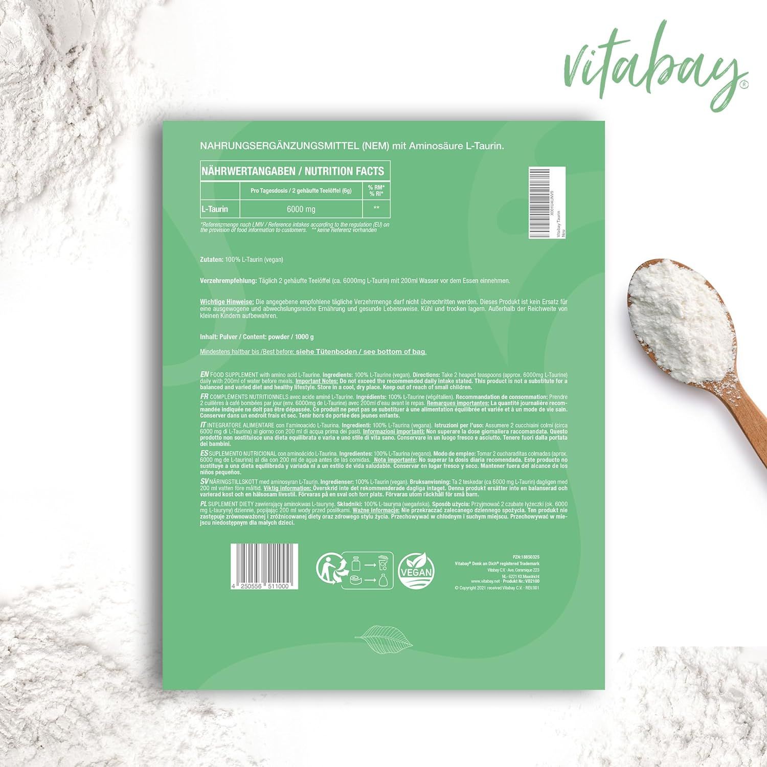 Retro di una confezione di polvere di L-Taurina Vitabay con informazioni nutrizionali.