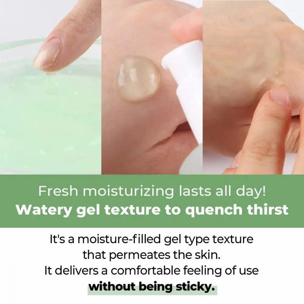 Primi piani di pelle con siero. Testo: Fresh moisturizing lasts all day! Watery gel texture to quench thirst. It's a moisture-filled gel type texture.