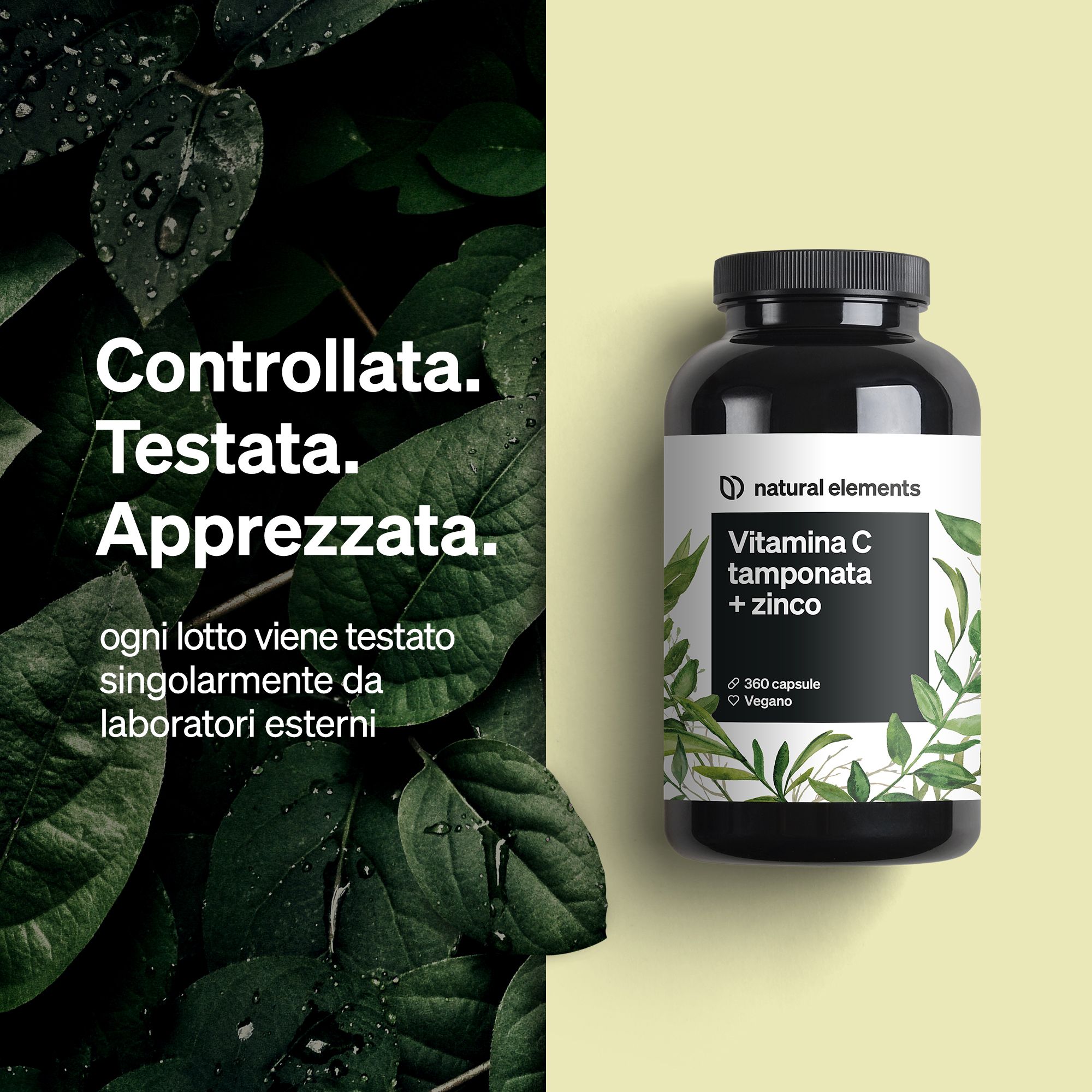 Flacone nero di capsule Vitamina C + Zinco, circondato da foglie verdi.