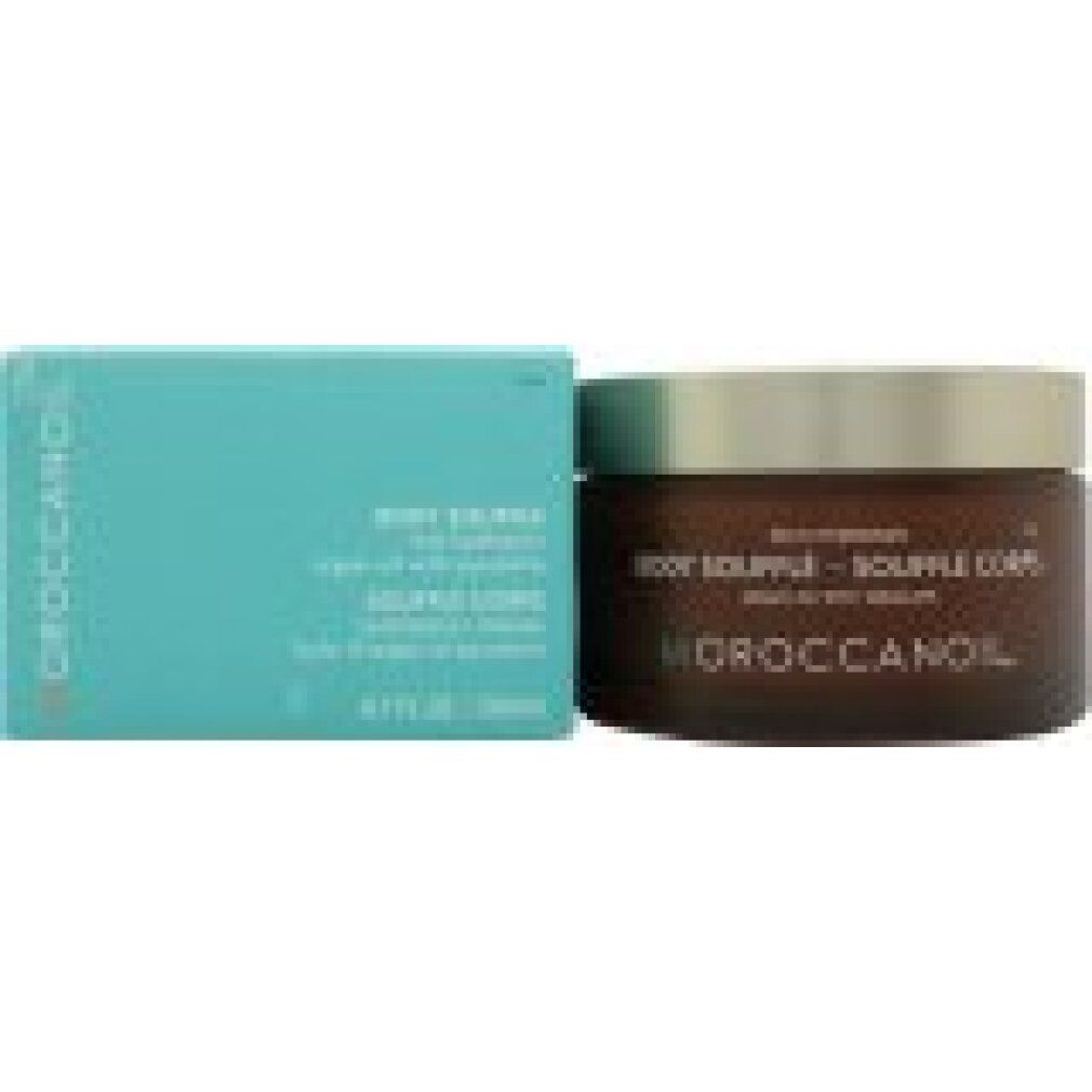 Vaso marrone con coperchio dorato e scatola turchese. Scritta: Body Soufflé. Marchio: Moroccanoil.