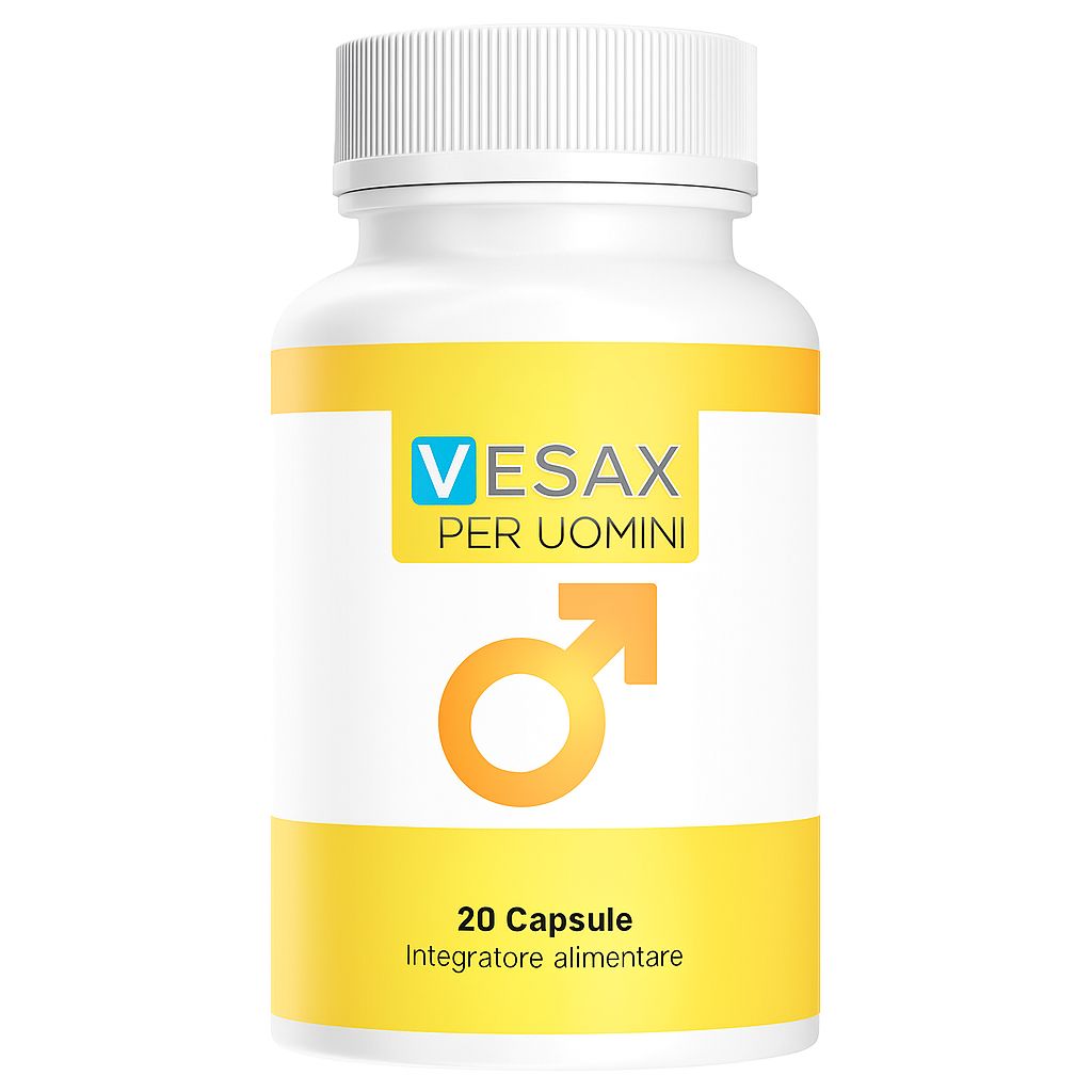Flacone Vesax Per Uomini. Scritta: 20 capsule. Confezione giallo-bianca.