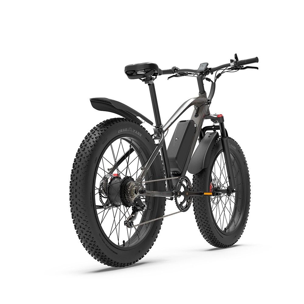 E-bike nera, vista posteriore. Pneumatici larghi, batteria, parafango. Logo GOGOBEST visibile.