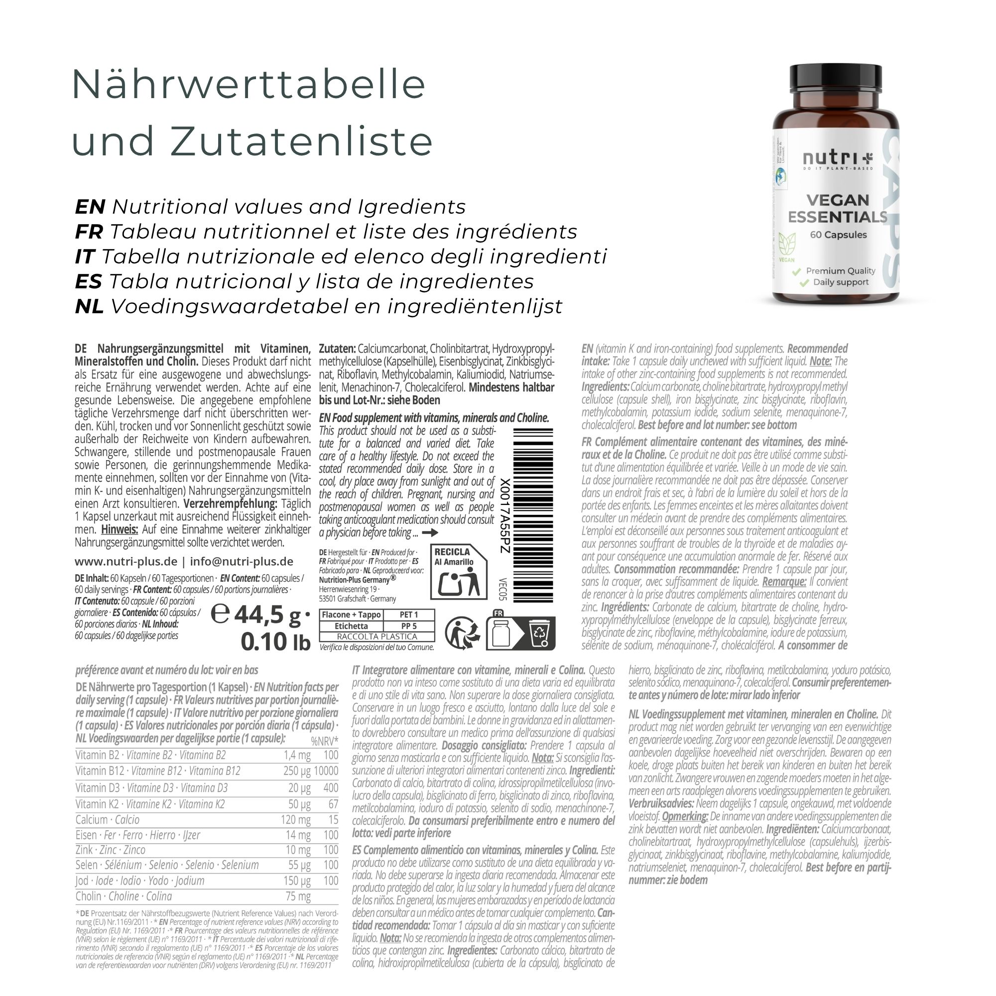 Tabella nutrizionale e elenco ingredienti. Flacone VEGAN ESSENTIALS. Testi in diverse lingue.