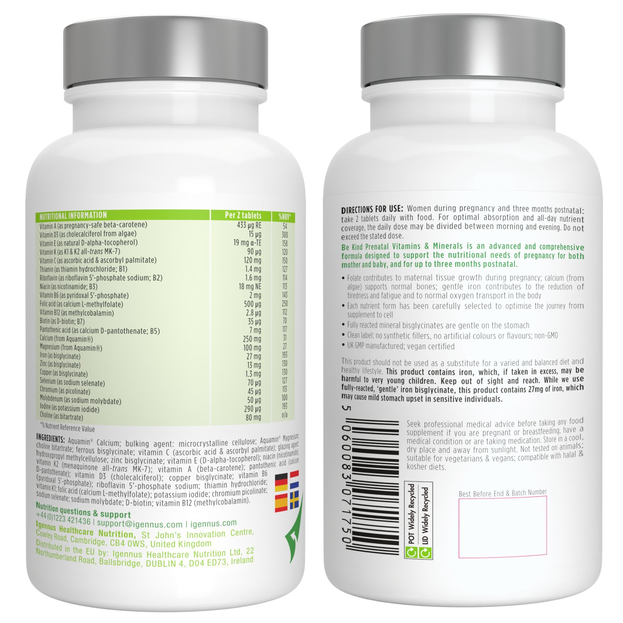 Fronte e retro di una bottiglia di vitamine e minerali prenatali Igennus Be Kind.