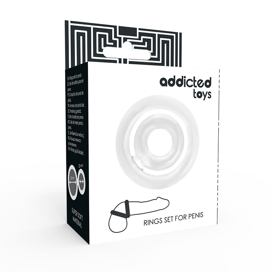 Confezione con logo Addicted Toys, due C-ring trasparenti e illustrazione di un pene.