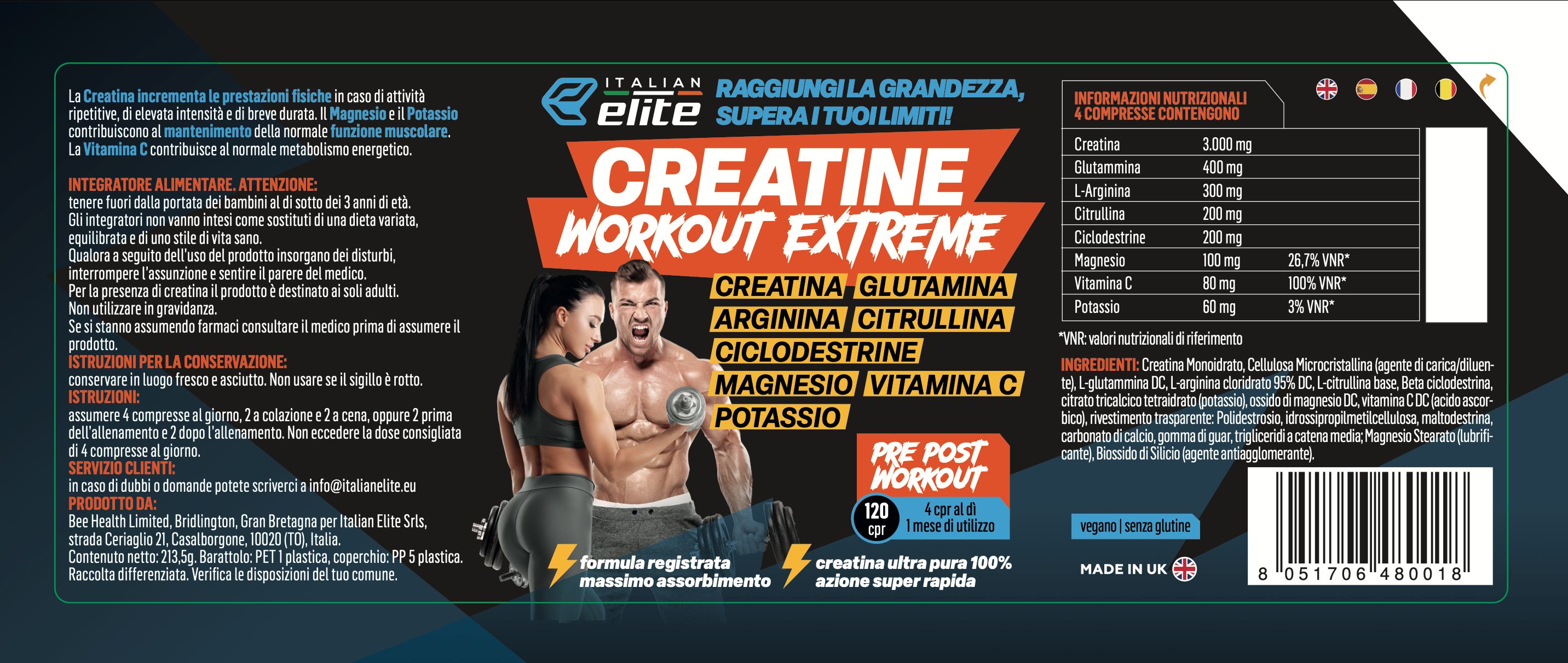 Etichetta del prodotto Creatine Workout Extreme. Contiene creatina, glutammina, arginina, citrullina, ecc. Pre/Post Workout.