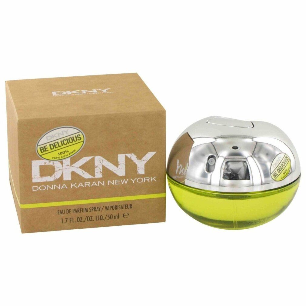 Flacone rotondo e confezione. Flacone con tappo argentato e liquido verde-giallo. Confezione con logo DKNY Be Delicious.