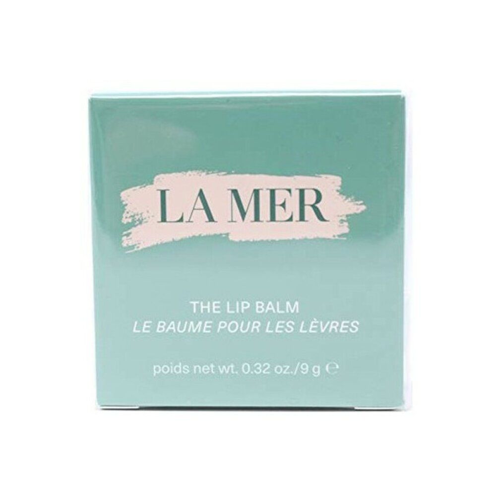 Scatola turchese con logo "LA MER". Testo: THE LIP BALM, LE BAUME POUR LES LÈVRES. Peso netto: 0,32 oz./9 g.