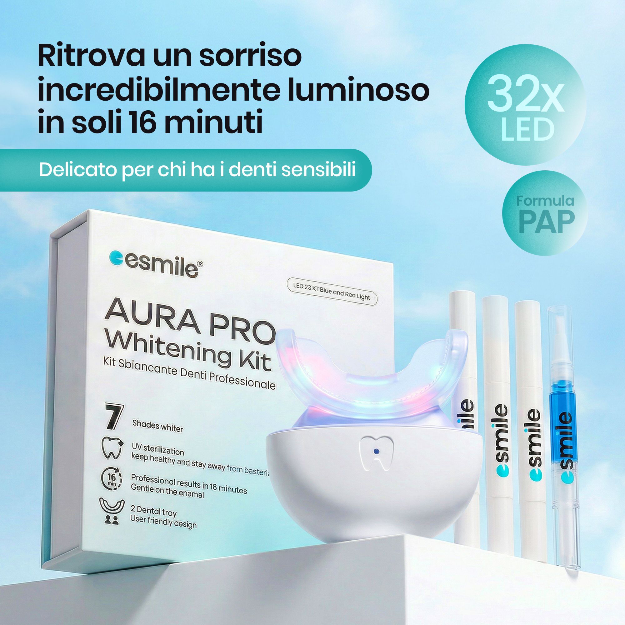 Kit sbiancante denti con luce LED e gel. Include base, mascherina e penne gel. Testo: 32x LED, formula PAP.