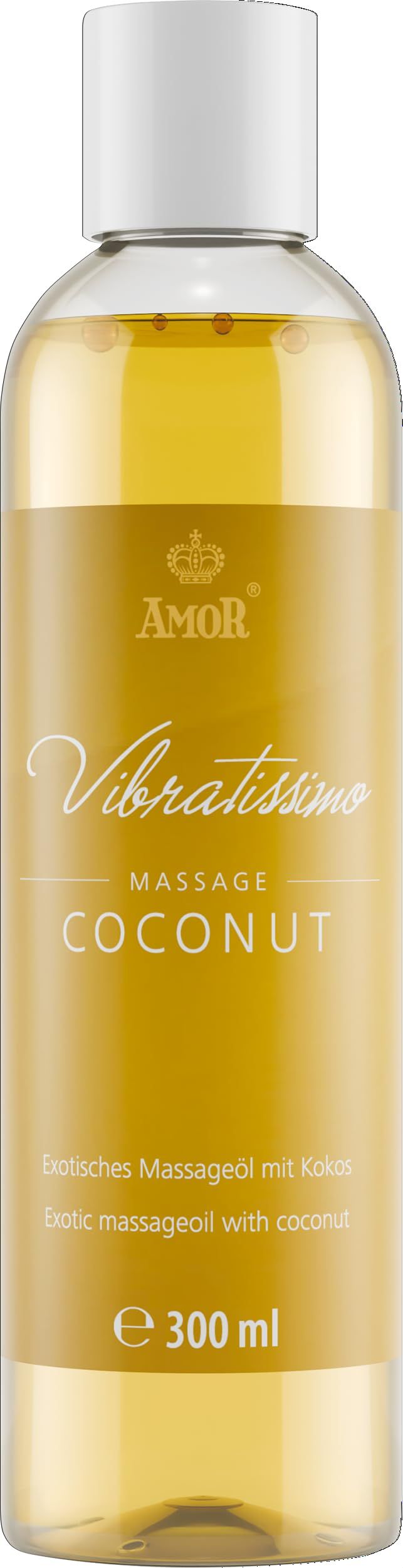 Olio da massaggio Vibratissimo Coconut, 300 ml. Olio giallo in flacone trasparente con tappo bianco.
