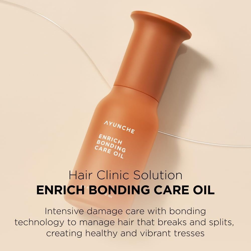 Flacone AYUNCHE Enrich Bonding Care Oil con testo sulla soluzione Hair Clinic.