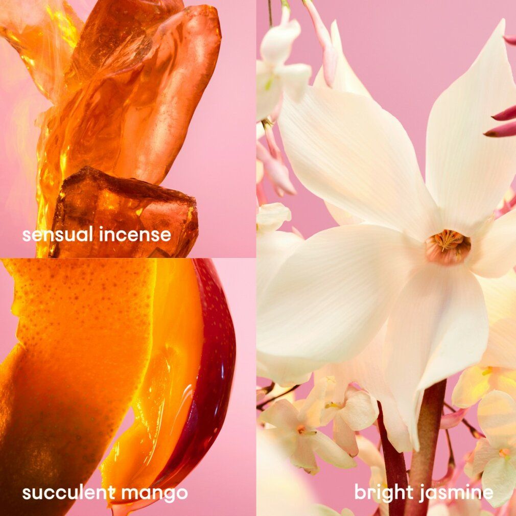 Collage con ingredienti: incenso sensuale, mango succoso, gelsomino luminoso. Su sfondo rosa.