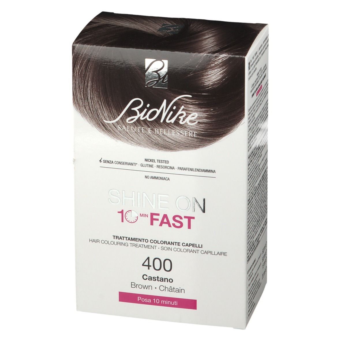 Confezione BioNike SHINE ON FAST 400 Castano. Contiene informazioni sugli ingredienti e l'uso. Colore castano, tempo di posa 10 minuti.