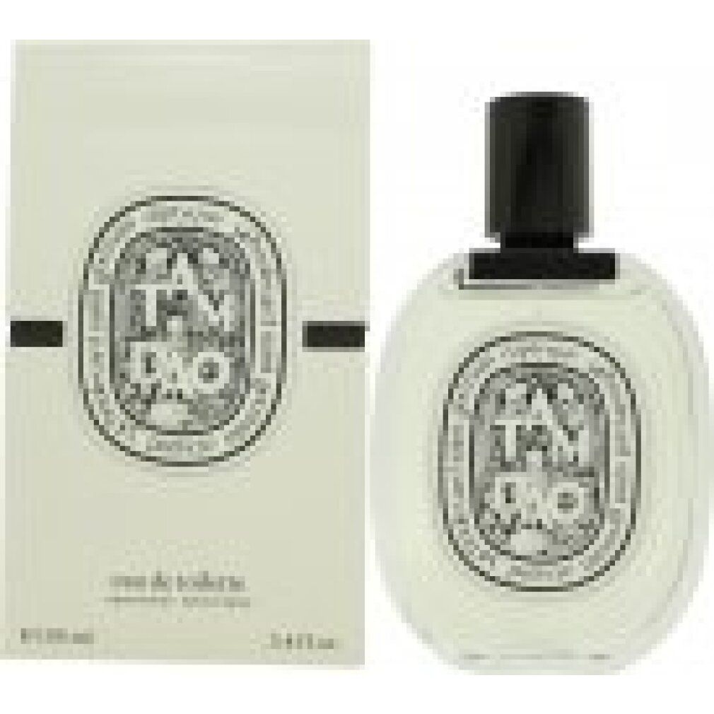 Flacone di profumo e confezione. Scritta Tam Dao, Diptyque, Eau de Toilette. Tappo nero.