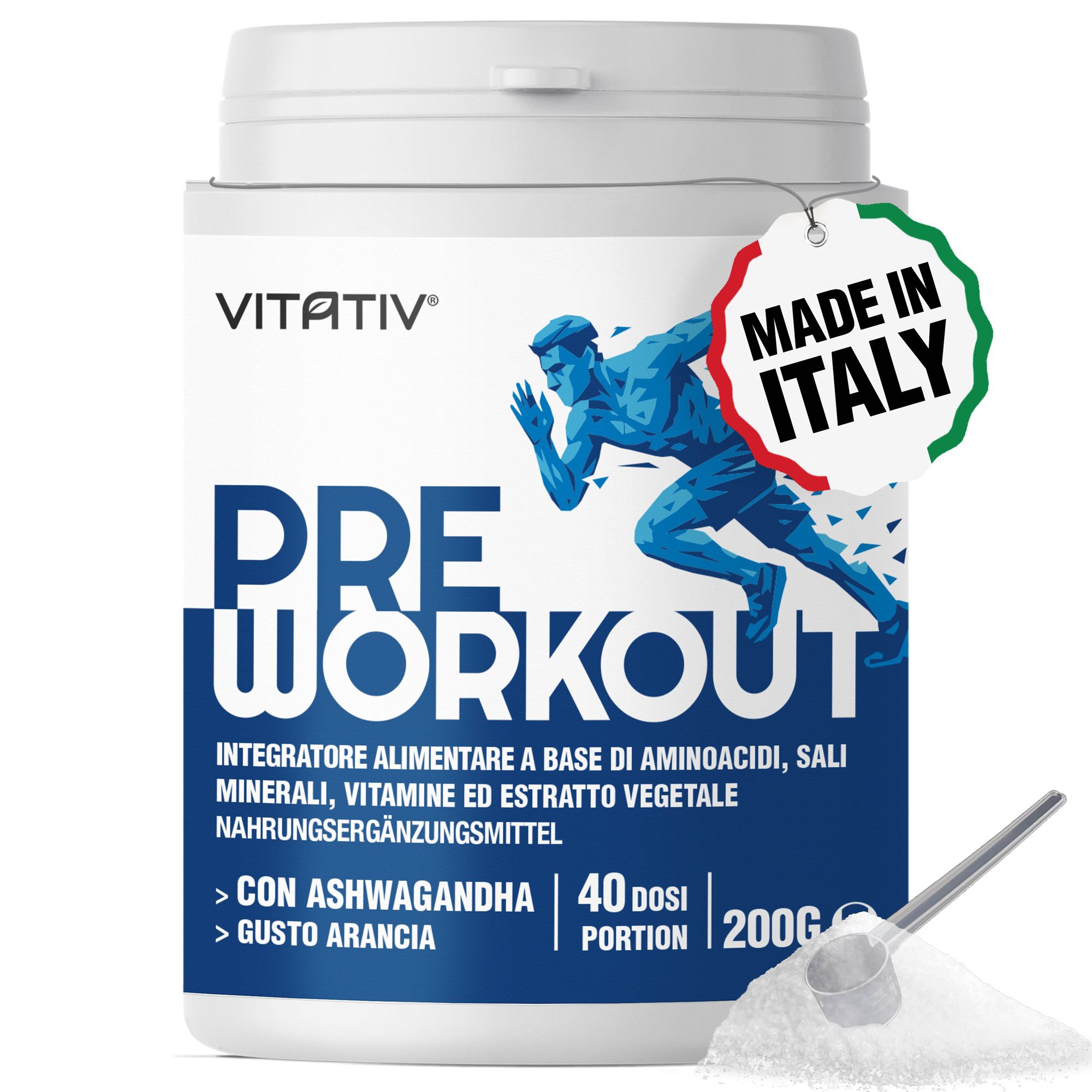 VITATIV® Pre Workout Senza Caffeina - Citrullina + Beta-Alanina + Ashwagandha - Uomo - 200g