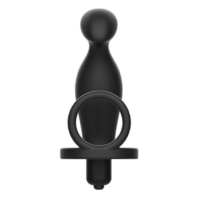 Plug anale nero con anello in silicone. Forma anatomica con base e anello. In silicone. Vista dall'alto.