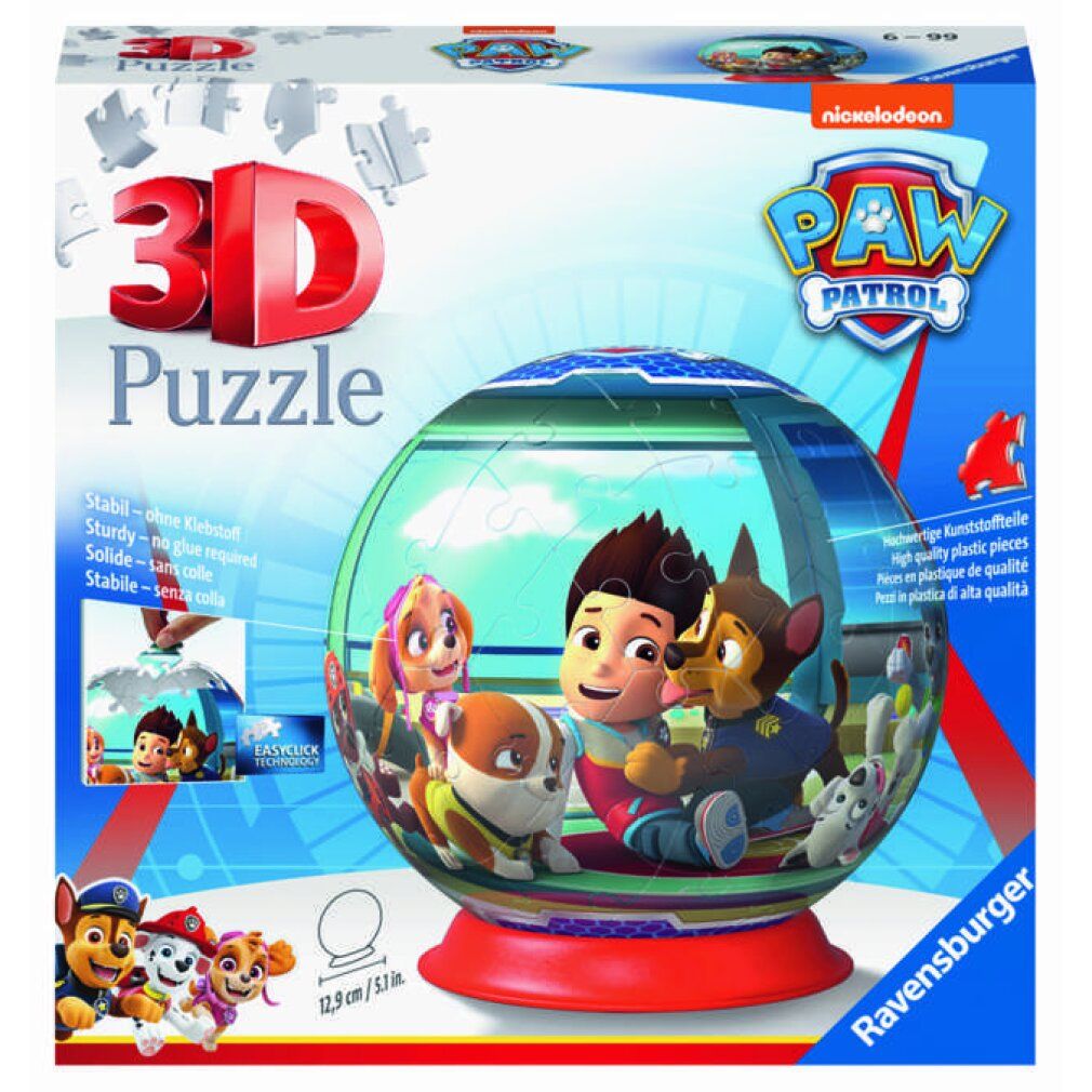 Puzzle 3D Ravensburger Paw Patrol in confezione. Forma sferica con motivi Paw Patrol. Dimensioni: 12,9 cm/5,1 pollici. Logo Nickelodeon.