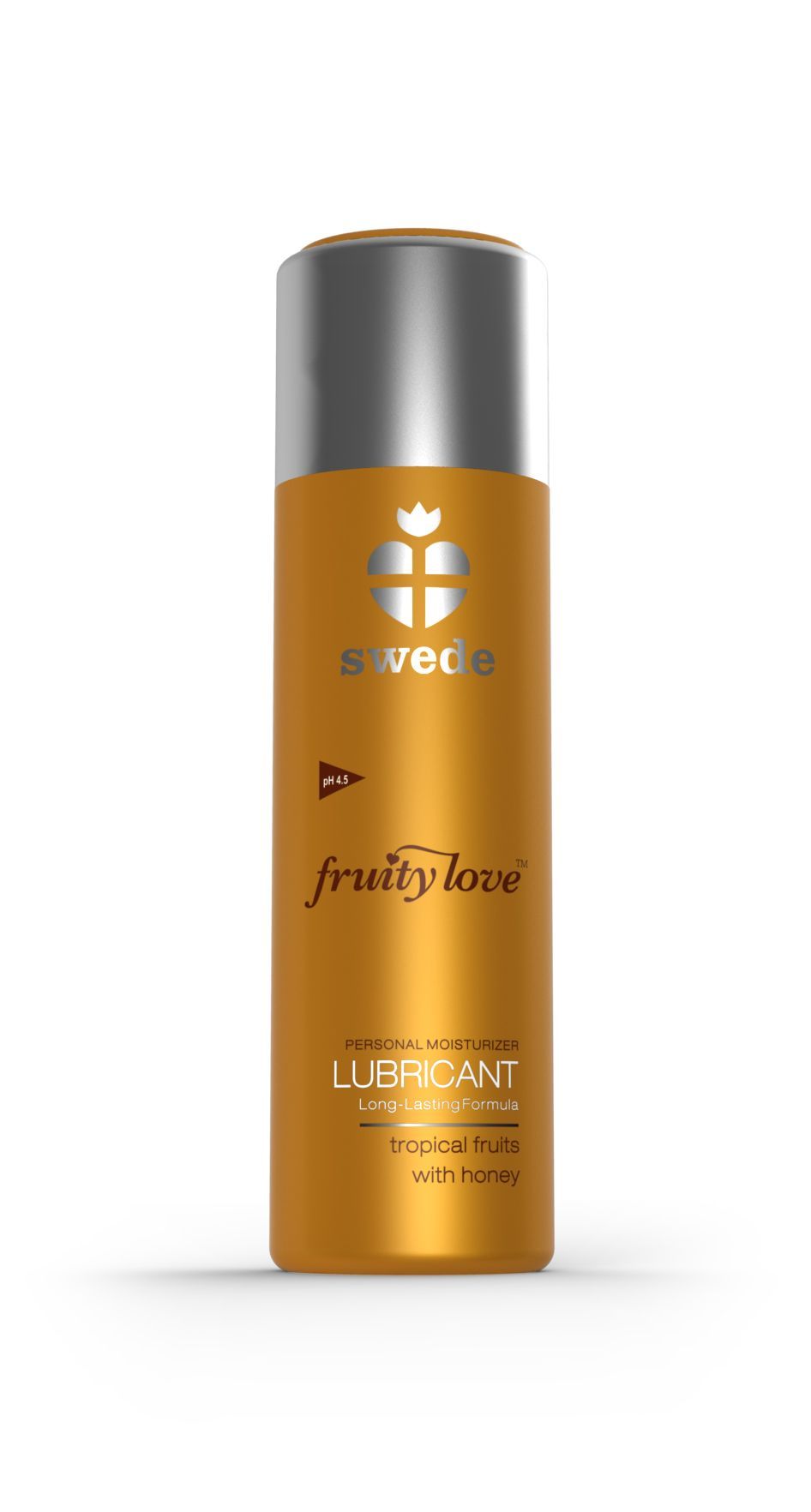Flacone dorato con tappo argentato. Scritte: Swede, Fruity Love, Lubricant, Tropical Fruits with Honey.