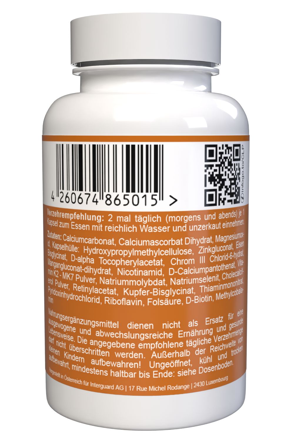 Flacone di capsule bianco con etichetta marrone. Codice a barre e QR code. Ingredienti, raccomandazioni per l'uso, informazioni nutrizionali.