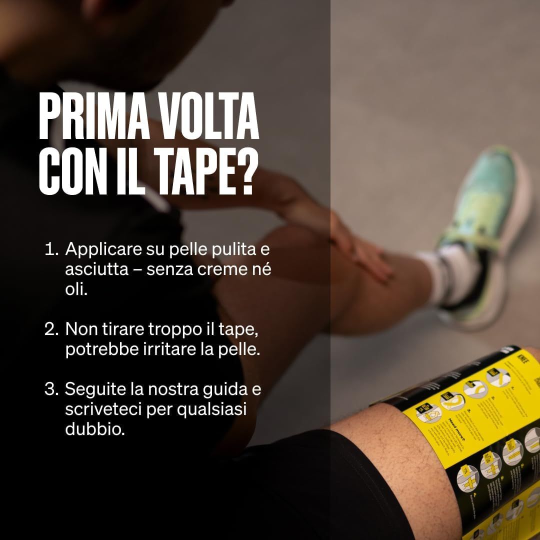 Istruzioni per l'applicazione del tape kinesiologico: Applicare su pelle asciutta, non tirare eccessivamente.
