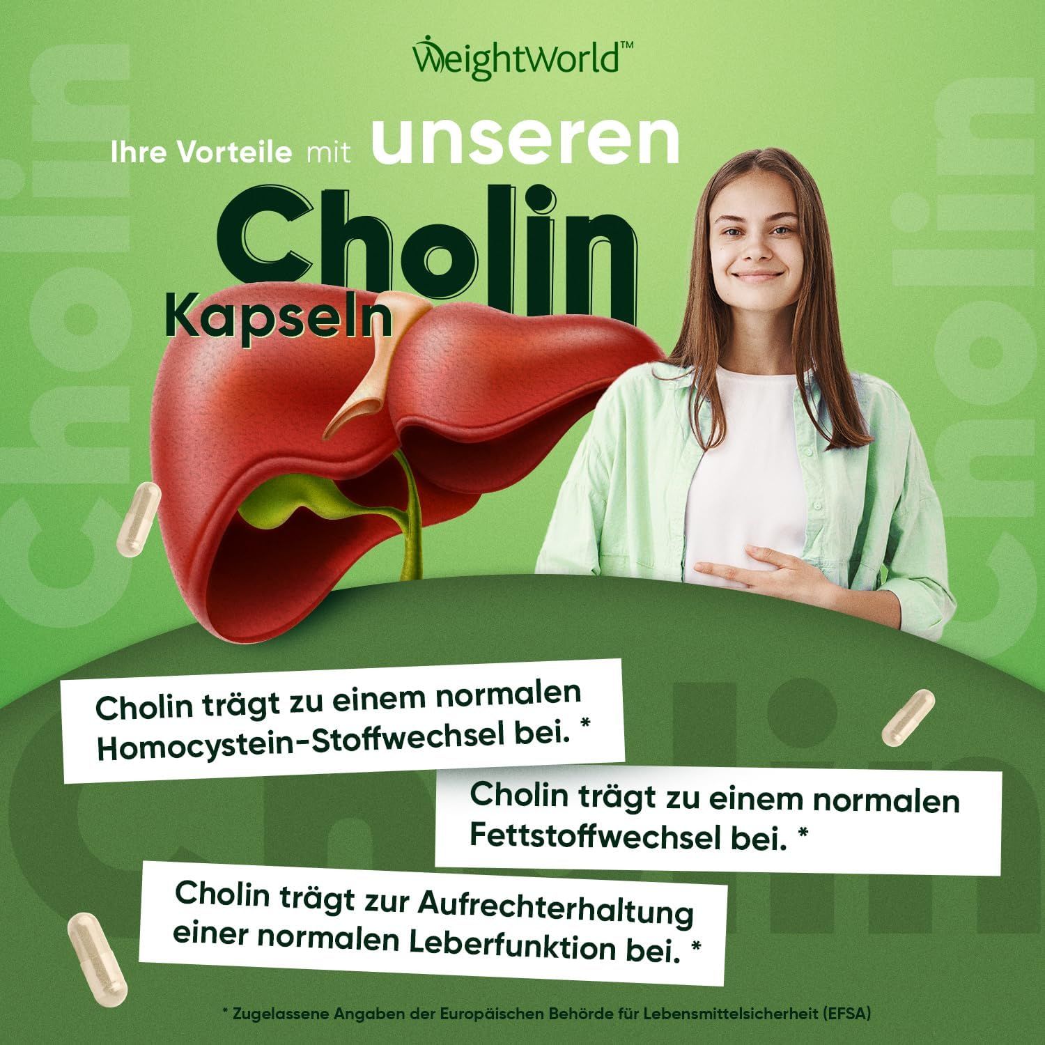 Donna con illustrazione del fegato e capsule di colina. Testo: Colina per normale metabolismo dell'omocisteina, dei grassi e funzione epatica.