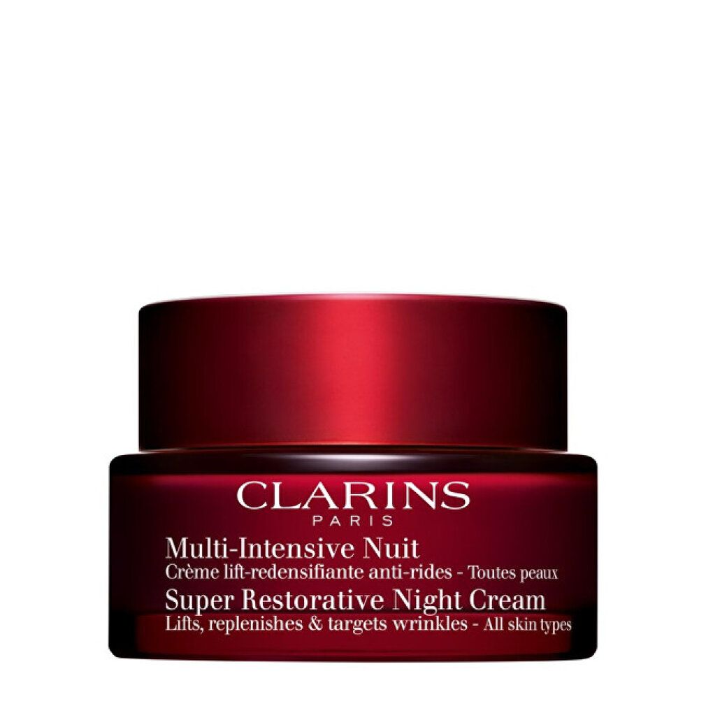Vaso rosso con coperchio nero. Scritta: Clarins Paris, Multi-Intensive Nuit, Super Restorative Night Cream.