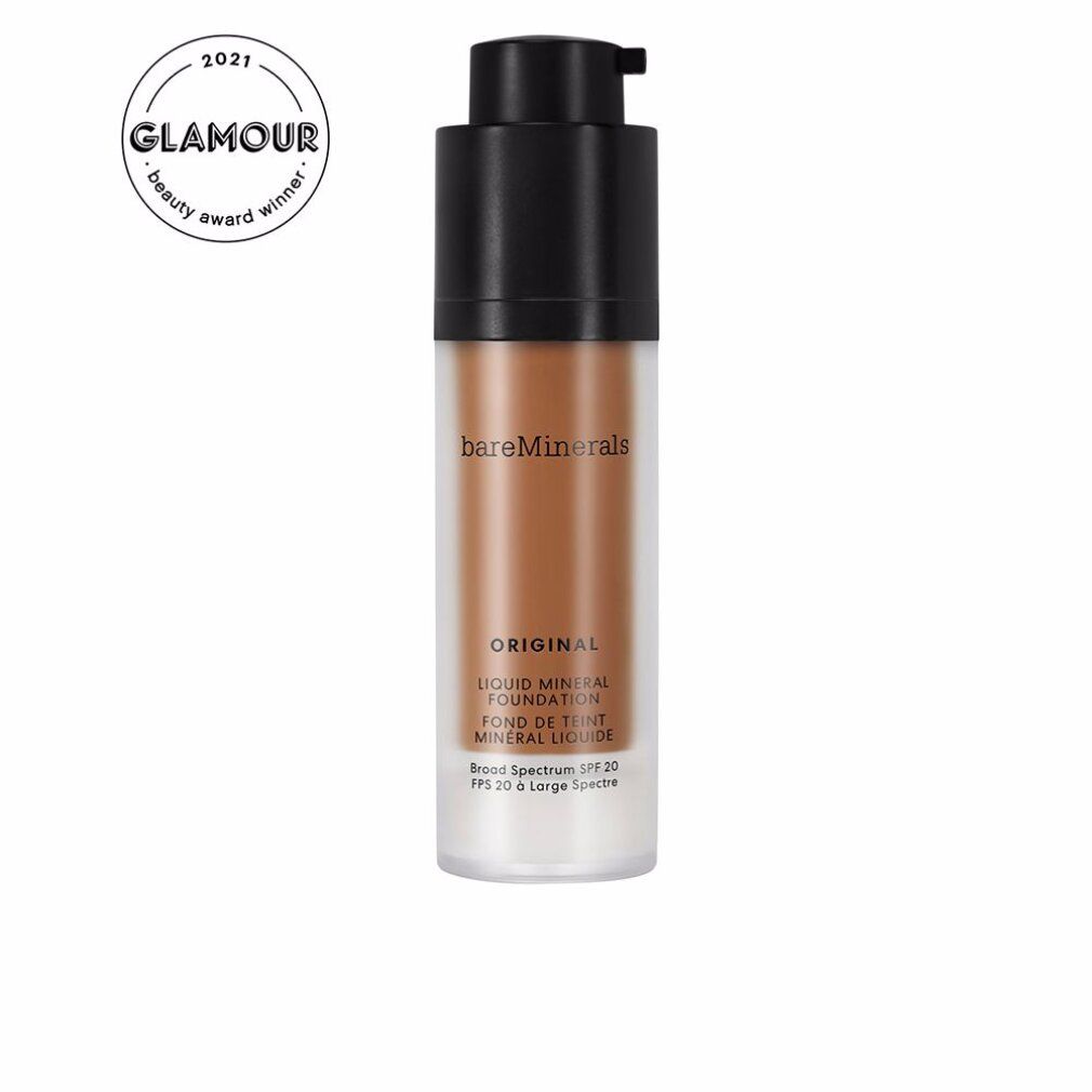 Fondotinta liquido in flacone trasparente con dosatore nero. Scritta: ORIGINAL, Liquid Mineral Foundation, SPF 20.