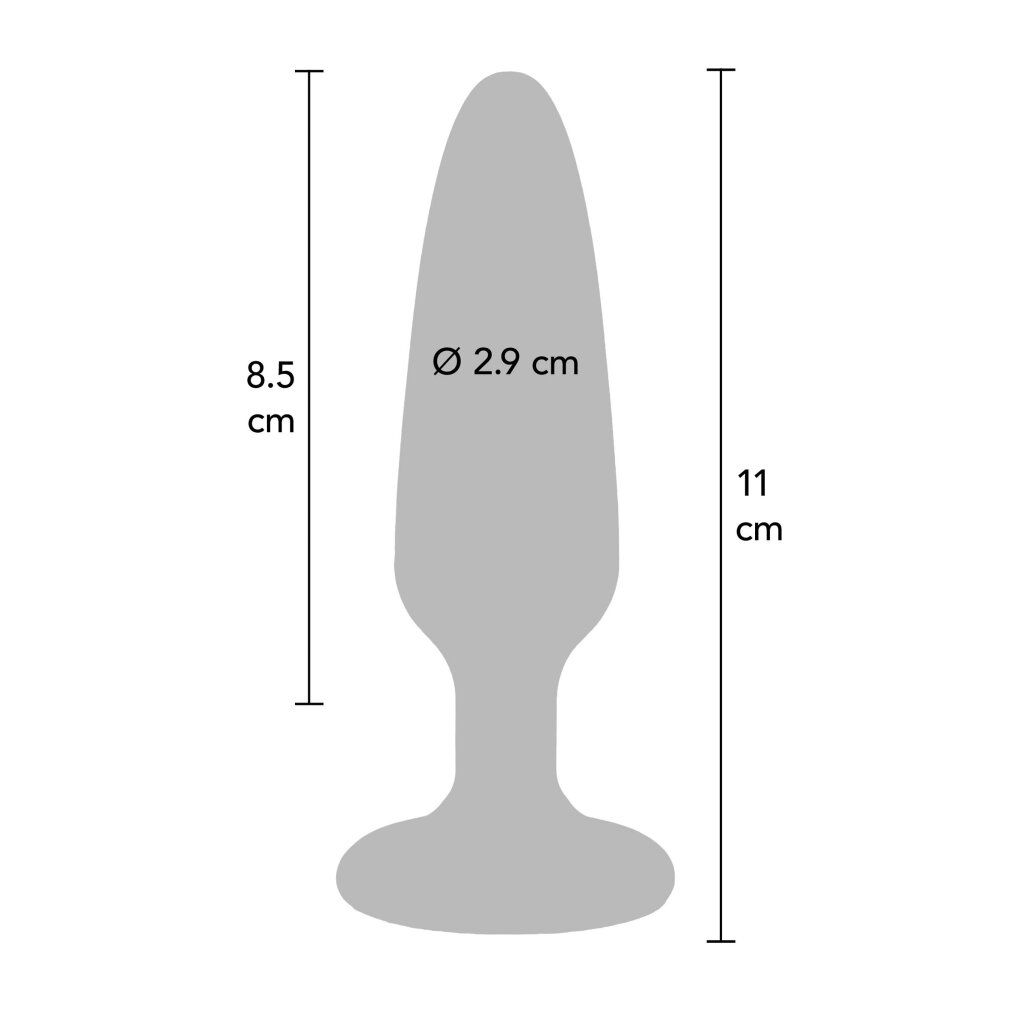 Schema di un plug anale con dimensioni: lunghezza 11 cm, lunghezza inserimento 8,5 cm, diametro 2,9 cm.