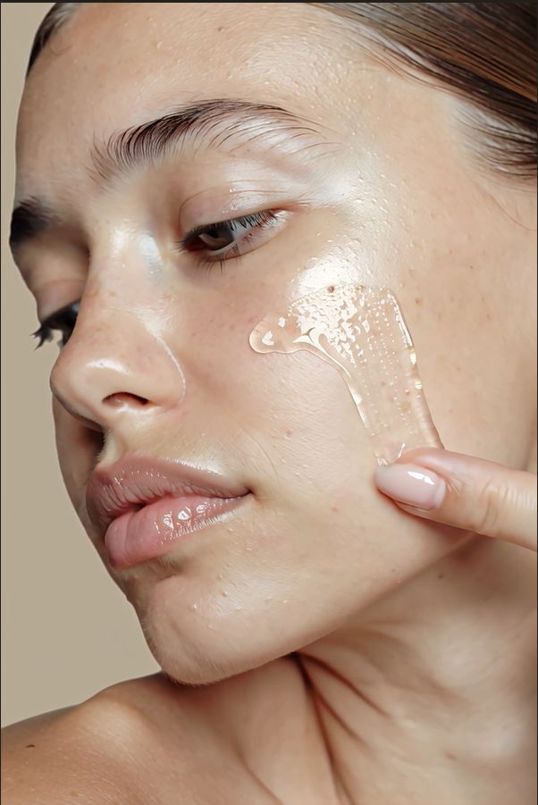 Persona applica siero trasparente sulla pelle. Viso in primo piano.