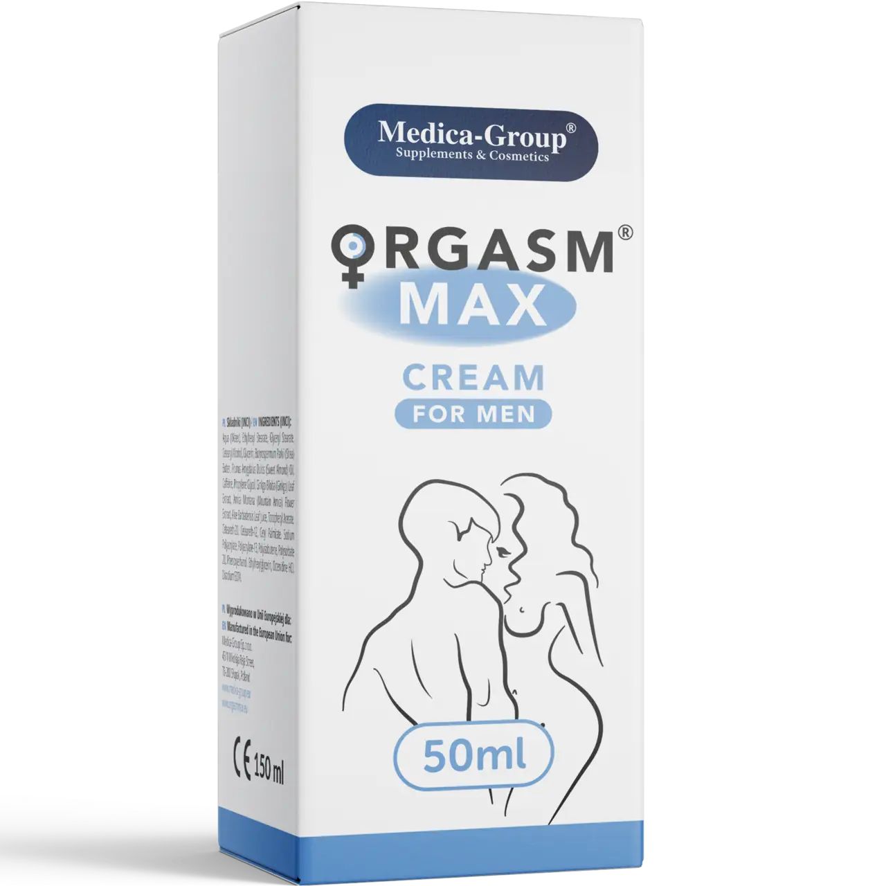 Confezione. Scritta: ORGASM MAX CREAM FOR MEN. Illustrazione: uomo e donna. 50ml. Medica-Group. Marchio CE.