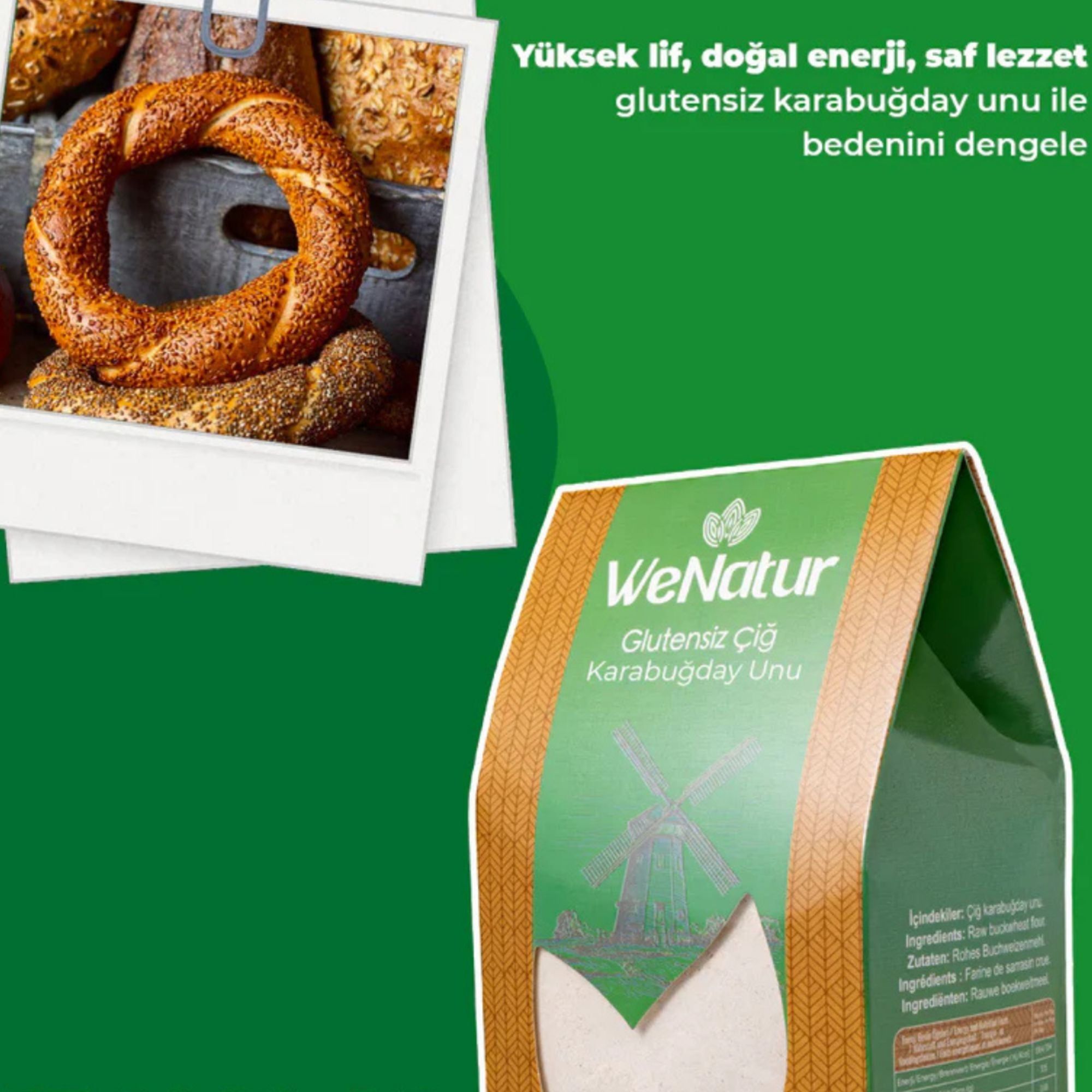 Primo piano di una confezione di farina di grano saraceno WeNatur accanto a un bagel.